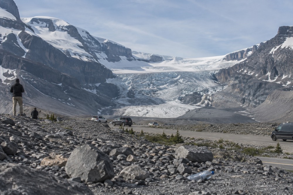 The Athabasca Glacier flowing down from the Columbia Icefield beside the highway