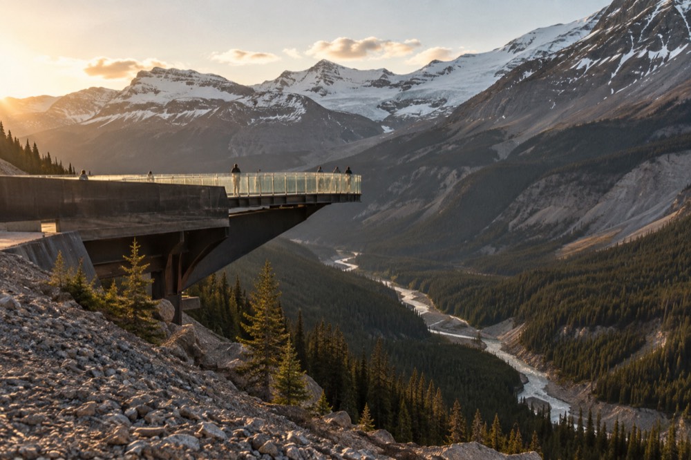 The glass-floored Columbia Icefield Skywalk curving out over the Sunwapta Valley