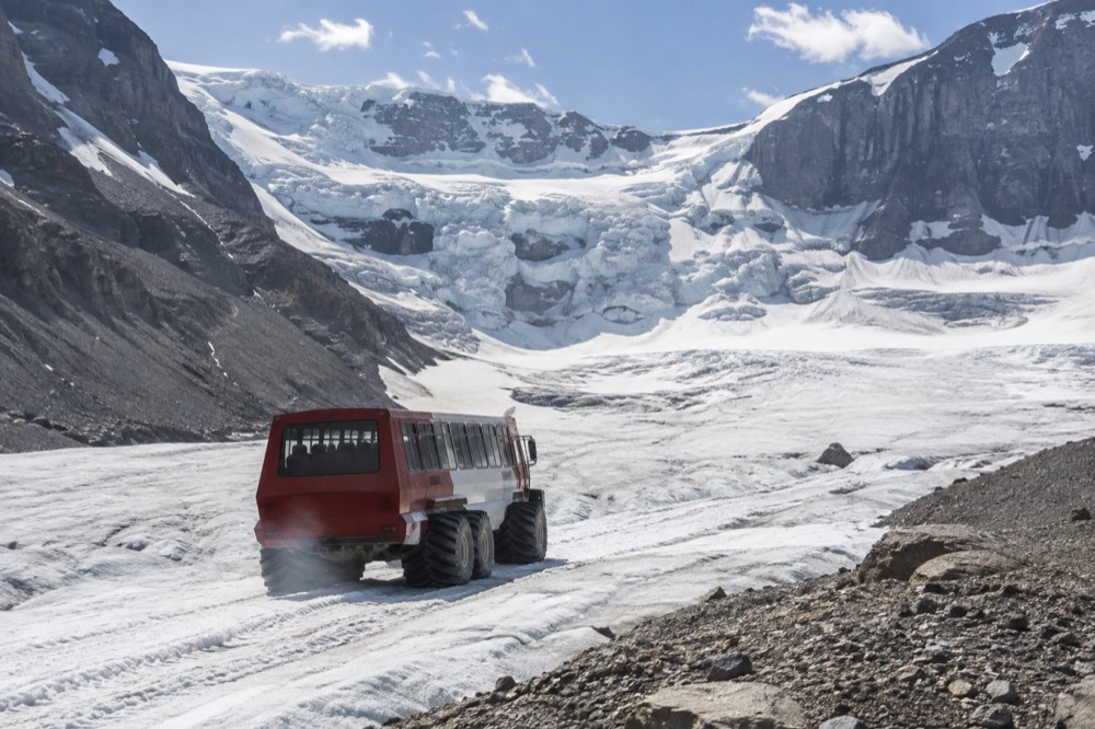 An Ice Explorer vehicle climbing the lower slopes of the Athabasca Glacier