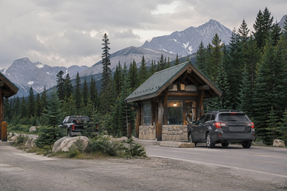 A vehicle stopping at a staffed park entry gate booth surrounded by pine forest
