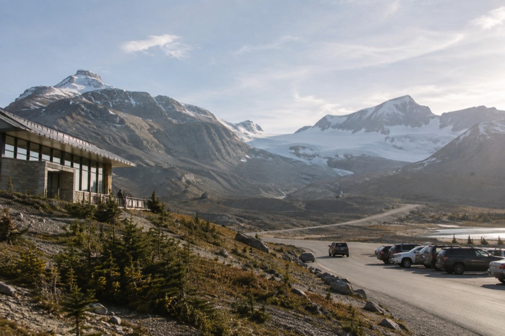 The Icefields Parkway climbing toward Sunwapta Pass with the Columbia Icefield on the horizon