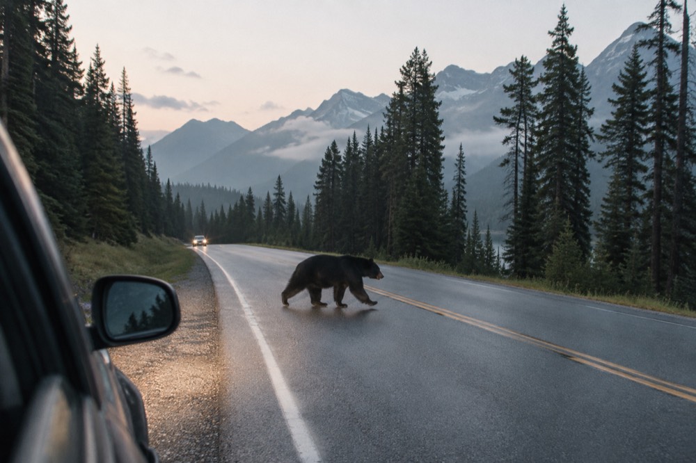 A black bear crossing a quiet forest road at dawn in Jasper National Park