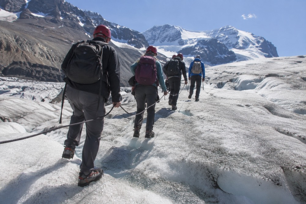 A group of hikers in boots and helmets walking across the white surface of the Athabasca Glacier with a guide in front.