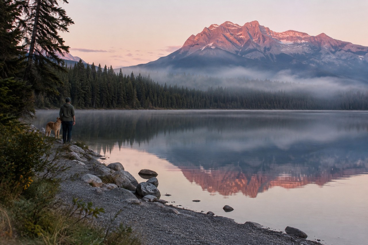 Mountain peaks rising above a calm lake with forested shoreline in Jasper National Park