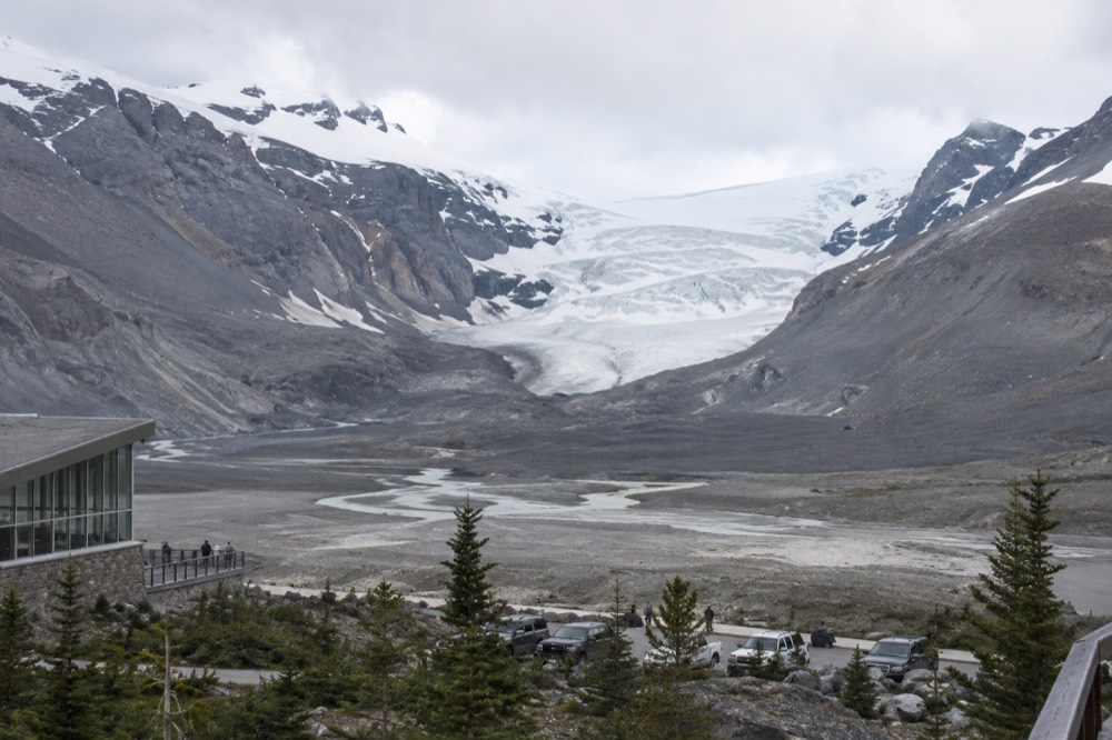 Athabasca Glacier flowing down from the Columbia Icefield beside the highway
