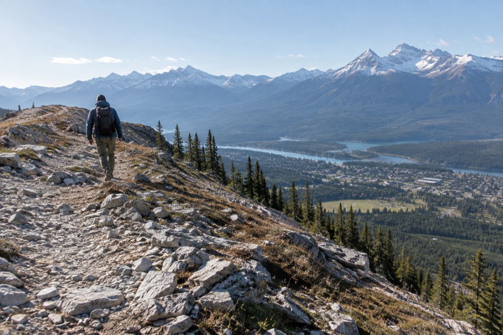 Alpine ridgeline trail above forested valleys under a clear sky