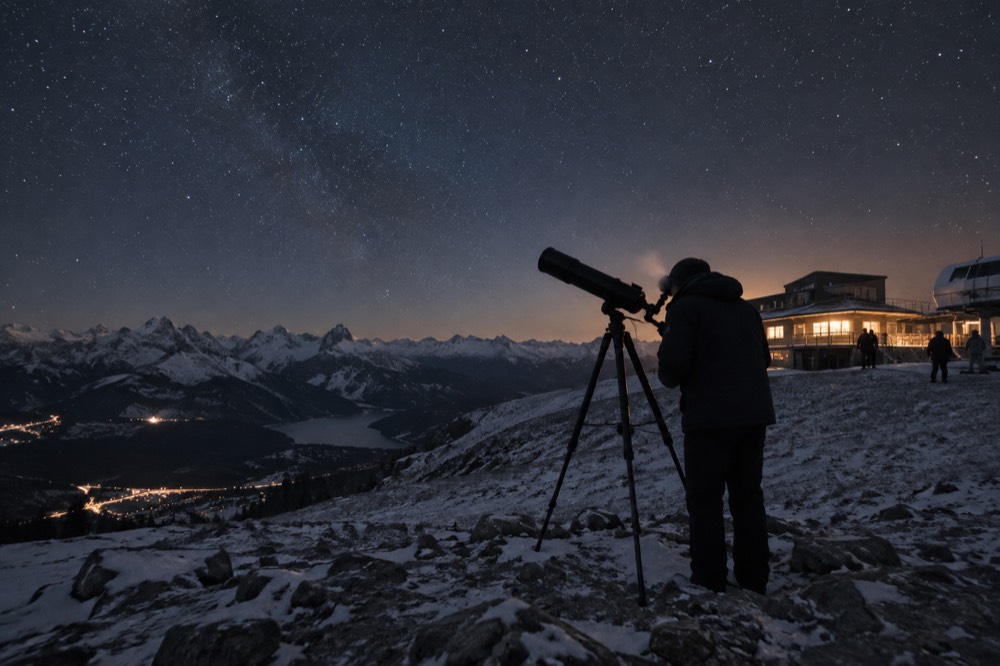 Telescope silhouetted against a starry night sky over mountain peaks