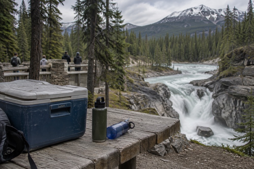 A packed cooler and water bottles on a picnic table at a rocky river viewpoint