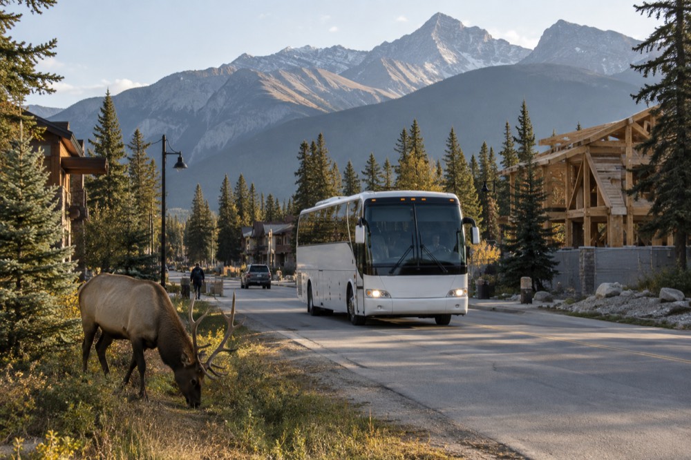 A coach bus on a mountain highway with tall peaks rising on both sides