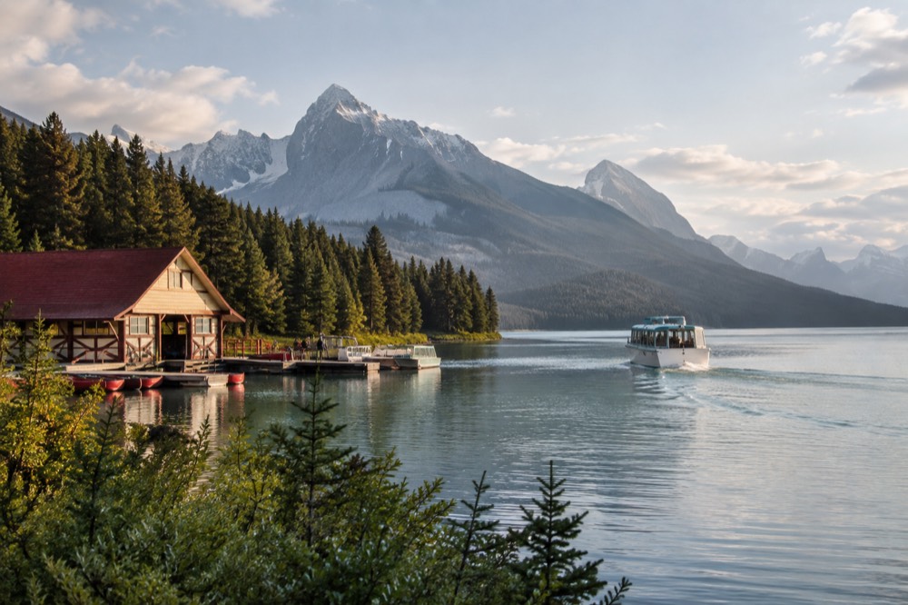 Cruise boat crossing calm turquoise water toward tree-covered mountains on Maligne Lake