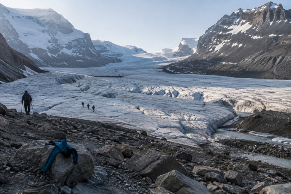 Athabasca Glacier in early morning with long shadows across the ice