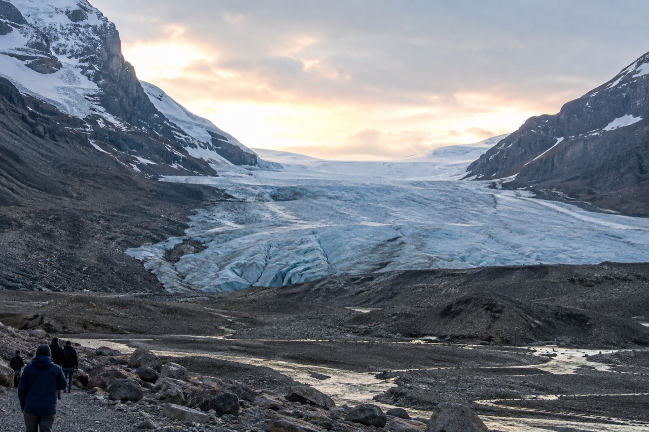 Athabasca Glacier flowing down from the Columbia Icefield under morning light