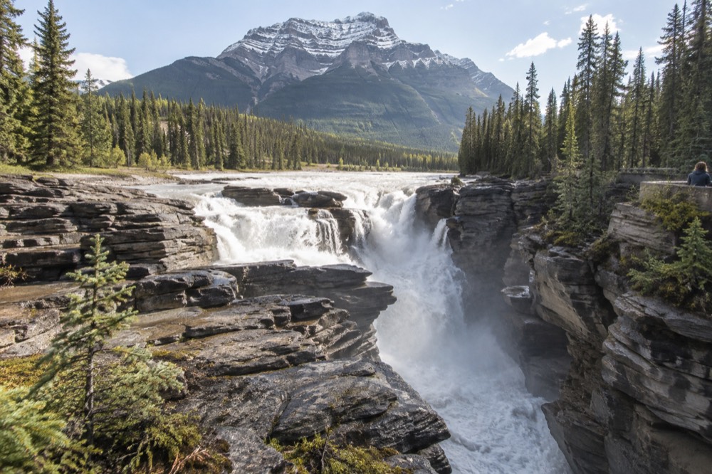 A powerful waterfall pouring through a narrow quartzite gorge surrounded by forest