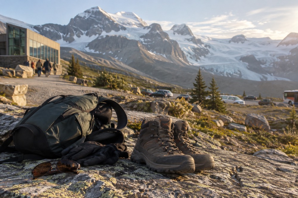 Daypack, sunglasses, gloves and hiking boots arranged on a rock beside a mountain road