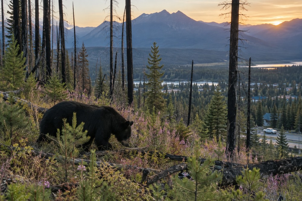 A black bear foraging in a meadow at the edge of regenerating forest in early morning light