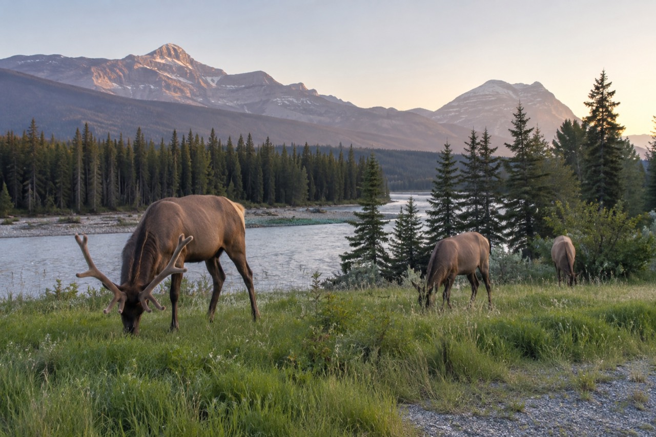 Elk grazing in a mountain meadow beside a river valley in Jasper National Park