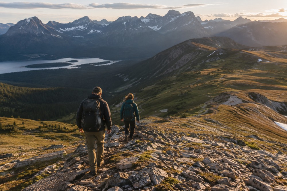 Two hikers on a rocky ridge trail above alpine meadows in late afternoon light