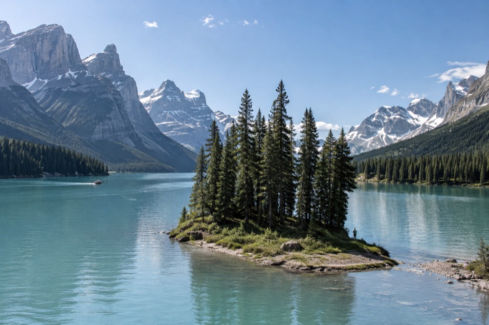 A small forested island in a long blue mountain lake