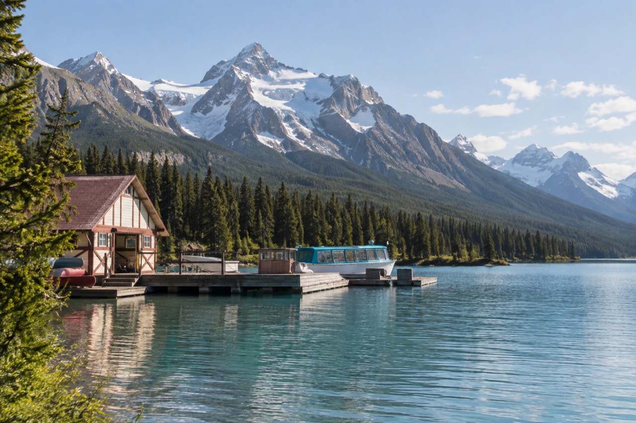 Glacier lake and mountain peaks under a clear sky in the Canadian Rockies