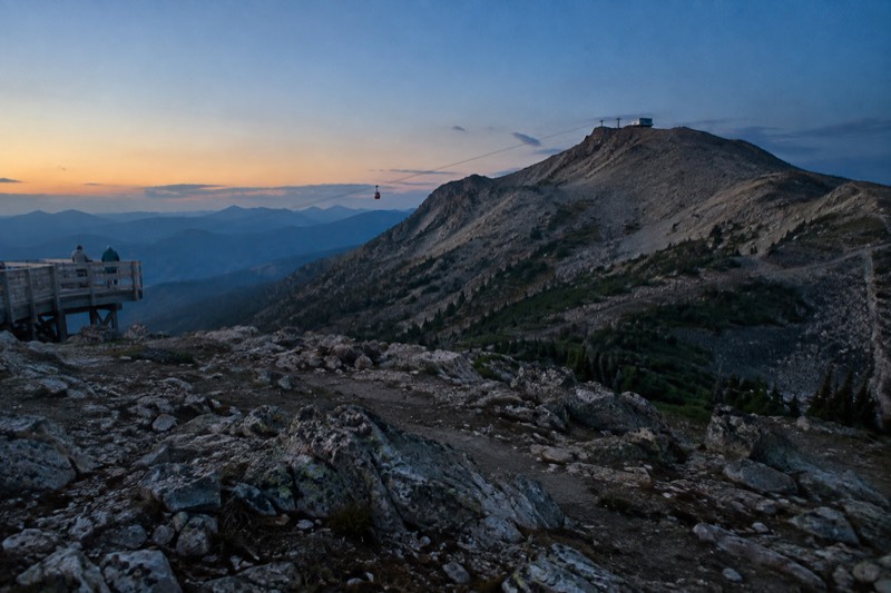 Town and night-sky category card, showing a SkyTram cabin rising above the trees toward the upper station on Whistlers Mountain, the ride at the heart of four SkyTram, planetarium and food tours listed here.