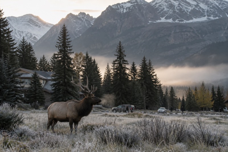 Wildlife category card, showing an elk standing in a meadow at dawn with mist over the valley floor in Jasper National Park, the kind of sighting seven wildlife, nature walk and snowshoe tours here set out to find.