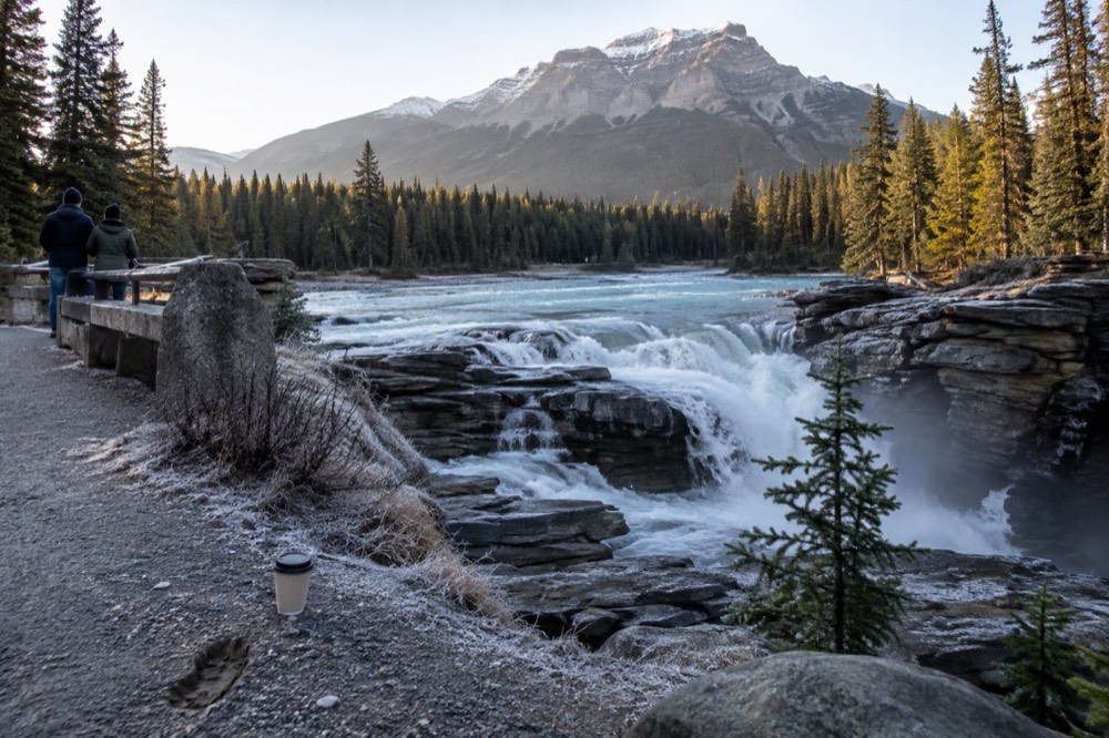 Athabasca River rushing over quartzite ledges at Athabasca Falls