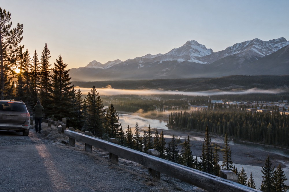 Morning light on the Athabasca valley from a parkway pull off