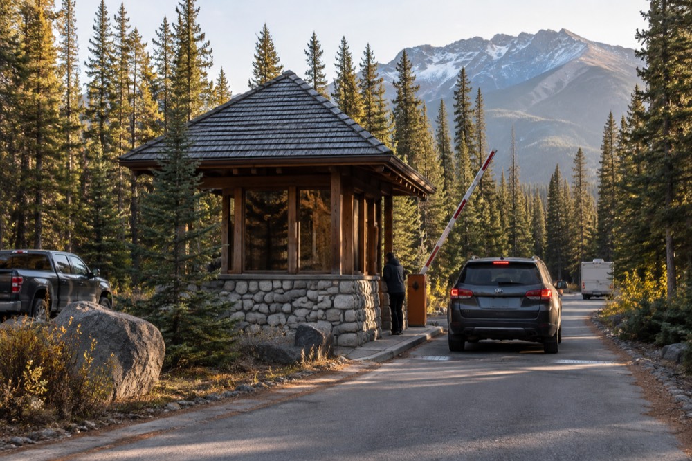 A park entry gate booth on a forested mountain highway in warm daylight