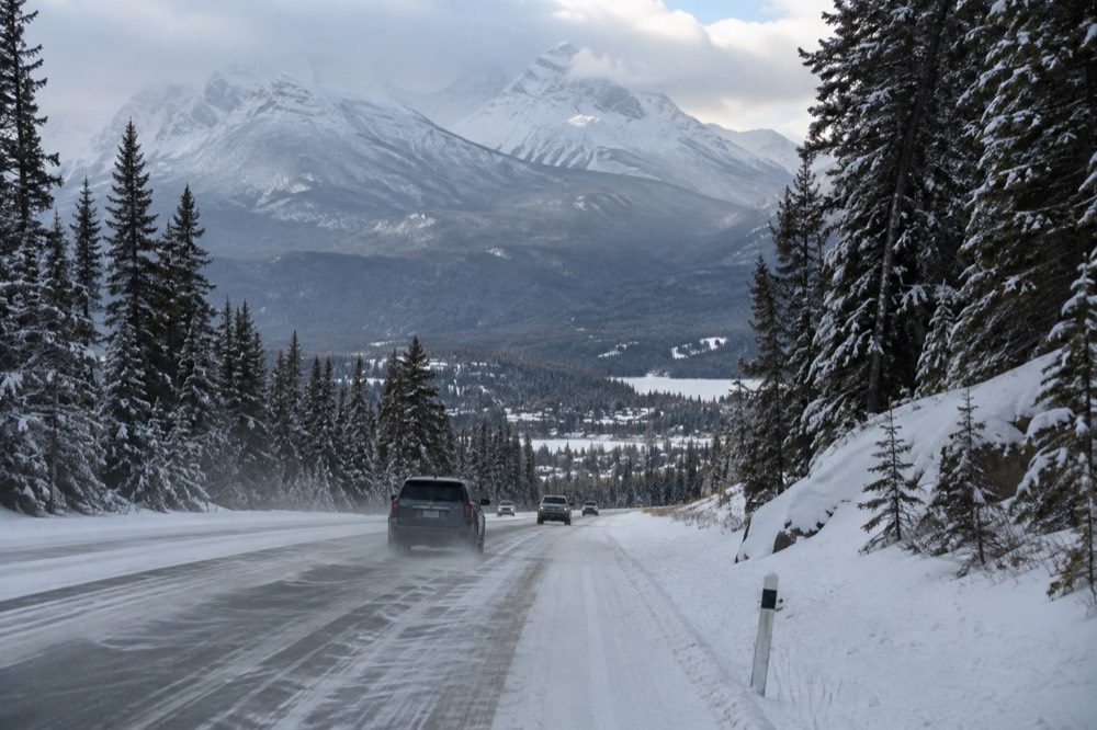 A snow-covered mountain road with compact snow tracks and tall frosted pines
