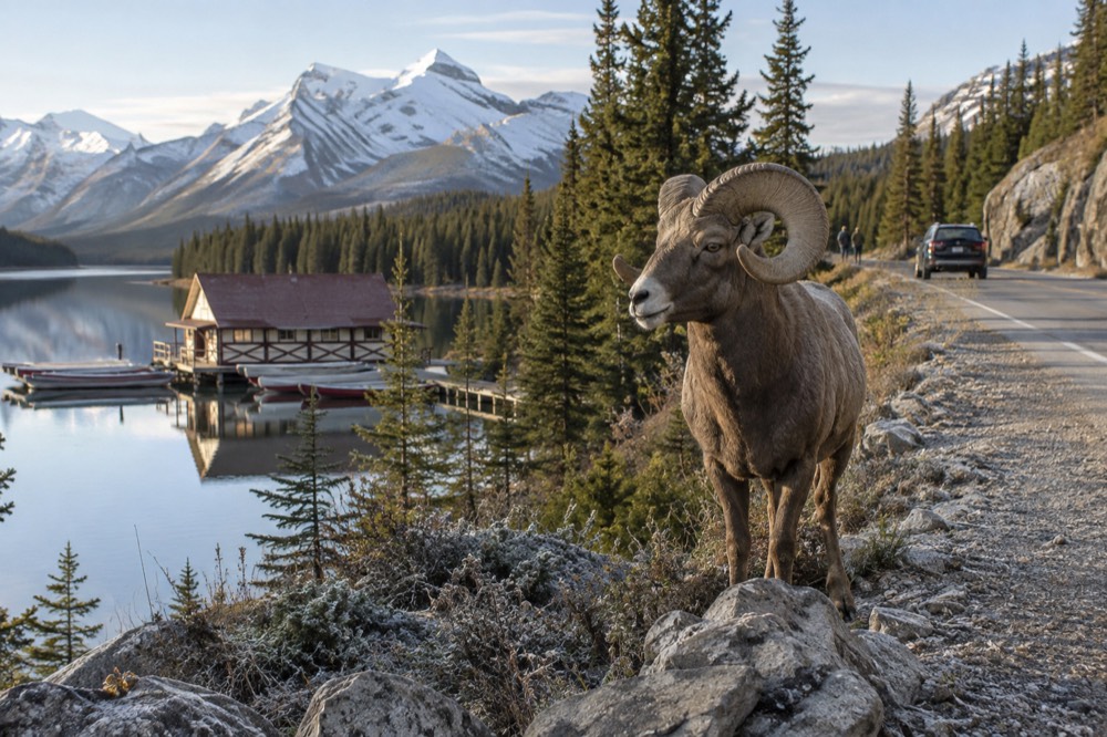 Bighorn sheep standing on a rocky roadside in early morning light