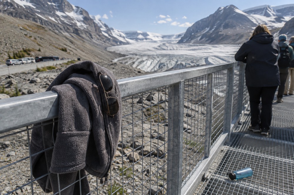 A jacket and sunglasses resting on a railing above a wide valley of grey rock and green forest
