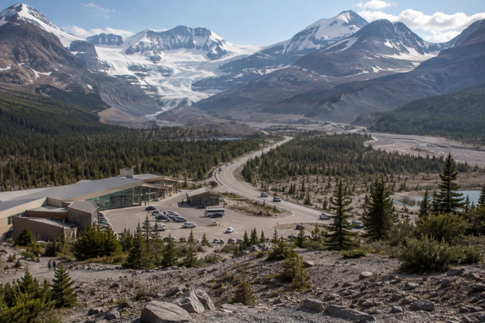 The Icefields Parkway winding south through the Athabasca valley toward the icefield