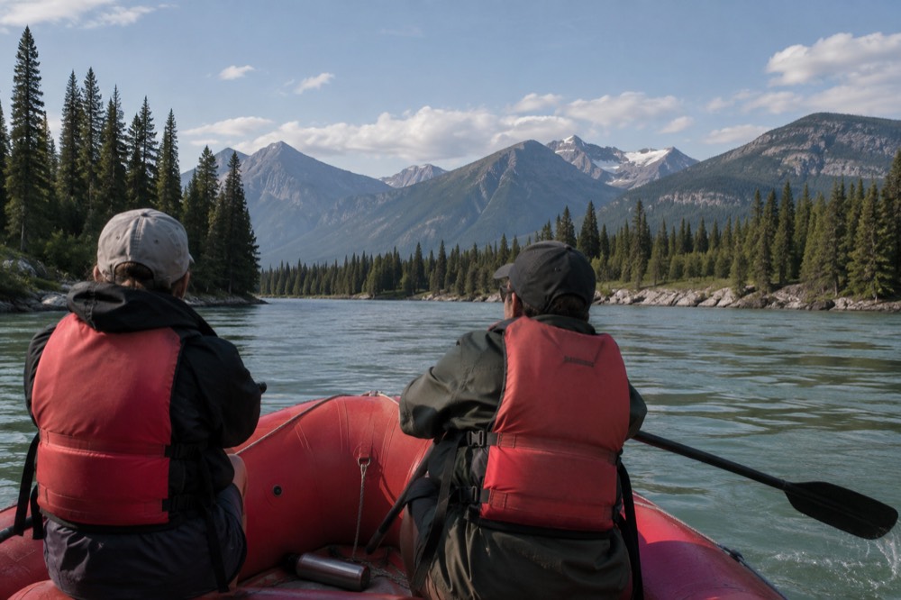 A raft floating down a wide green river between forested mountain slopes