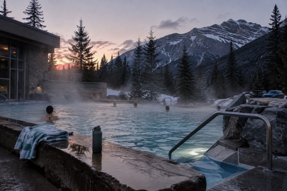 Steam rising from an outdoor hot pool surrounded by mountains and forest