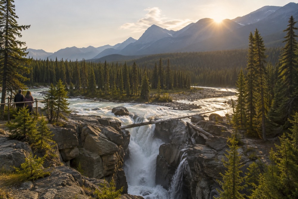 Golden evening light on a broad glacial valley with a winding river and distant blue mountain ranges