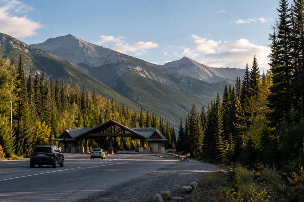 A park entry gate on a forested highway in the Canadian Rockies
