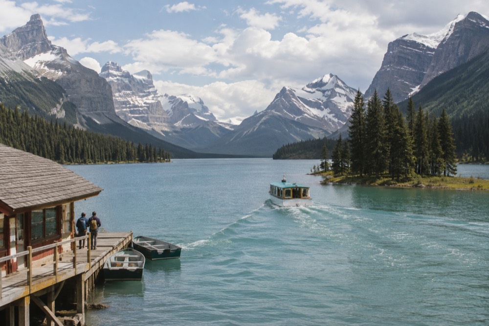 A tour boat crossing a long mountain lake toward a small forested island