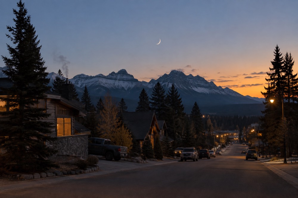 A crescent moon over jagged mountain peaks at dusk