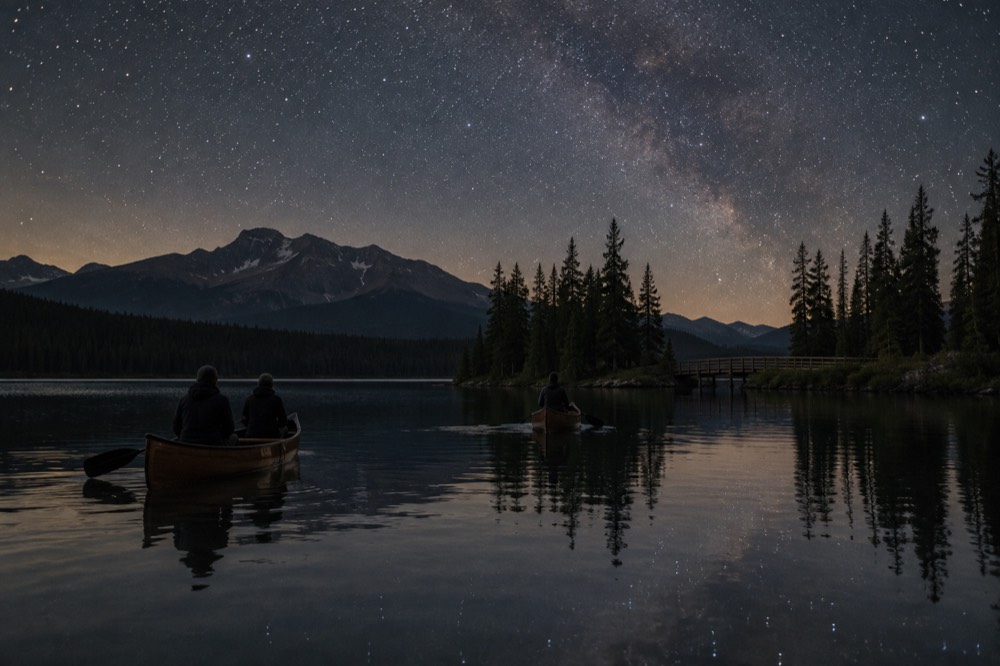 Two canoes on calm dark water reflecting a star-filled sky