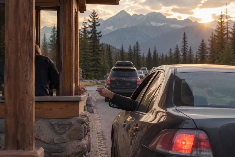 A vehicle stopped at a park entry kiosk with mountains behind it