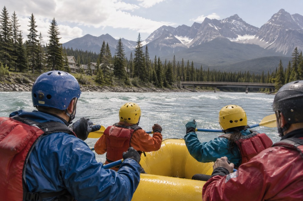 A family in helmets and life jackets laughing in a raft on gentle river rapids