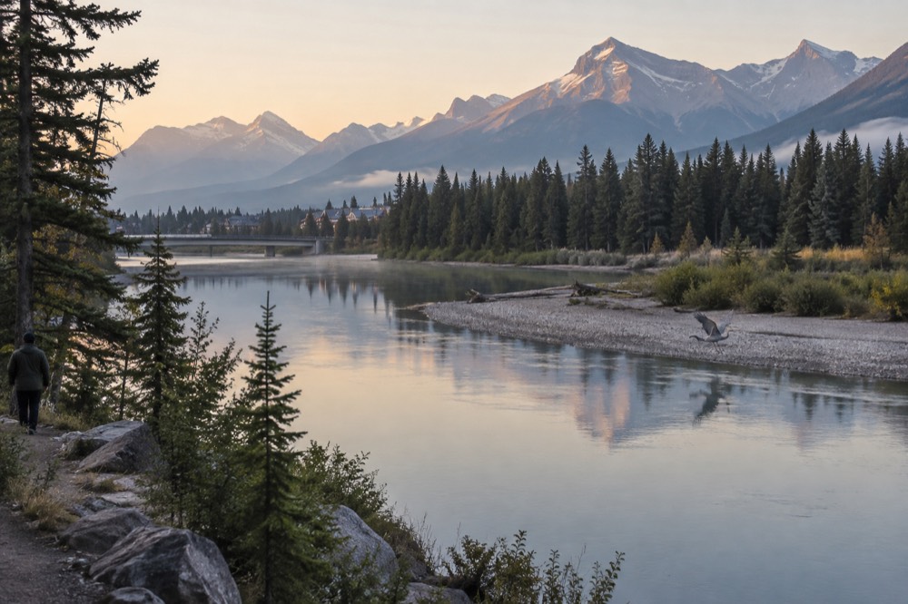 A wide glacial river bending through a valley with mountains and gravel bars under morning light