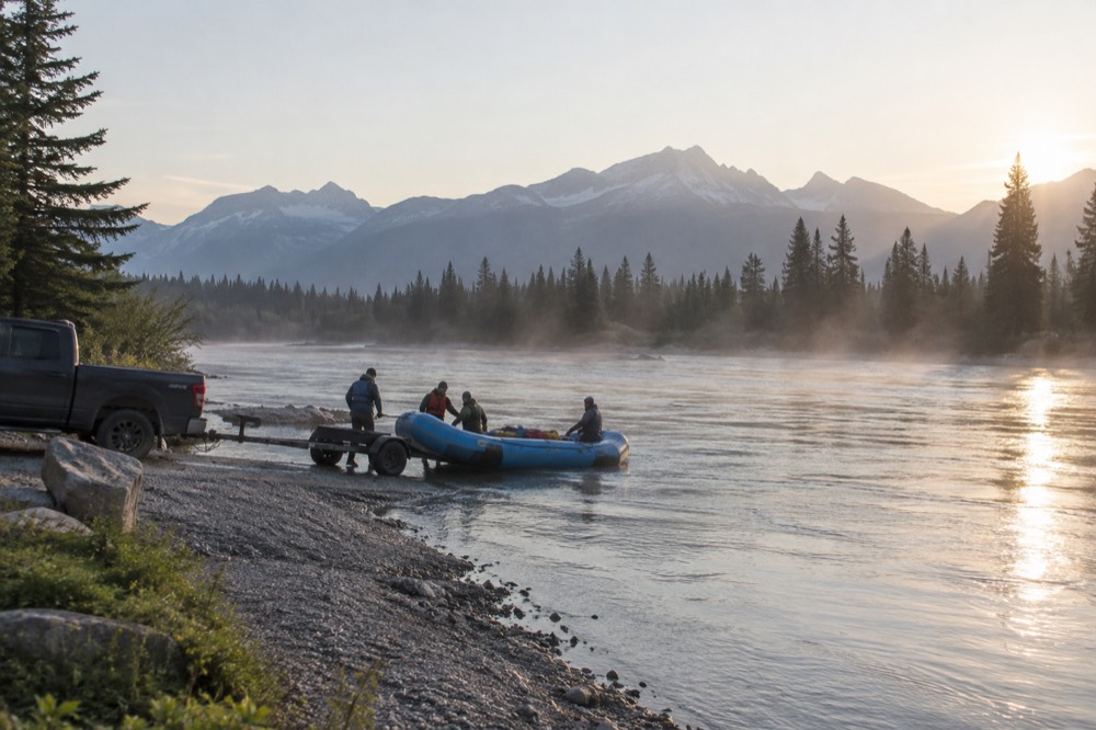 A raft launching into a river through morning mist with mountains behind