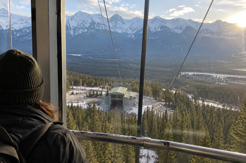Glass-walled tramway cabin ascending above a dense evergreen forest with mountain peaks in the distance