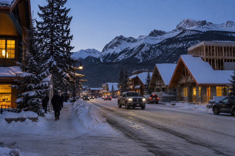 The Jasper townsite at dusk under snow with warm lights and dark mountains behind