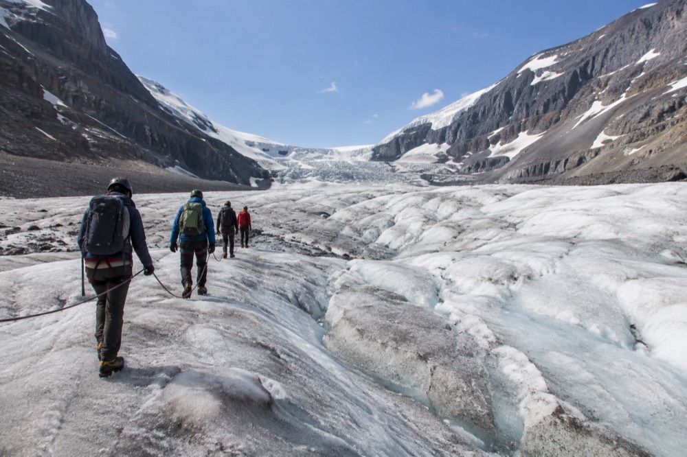 Roped walkers in cleats crossing a wide glacier ice field under a blue sky