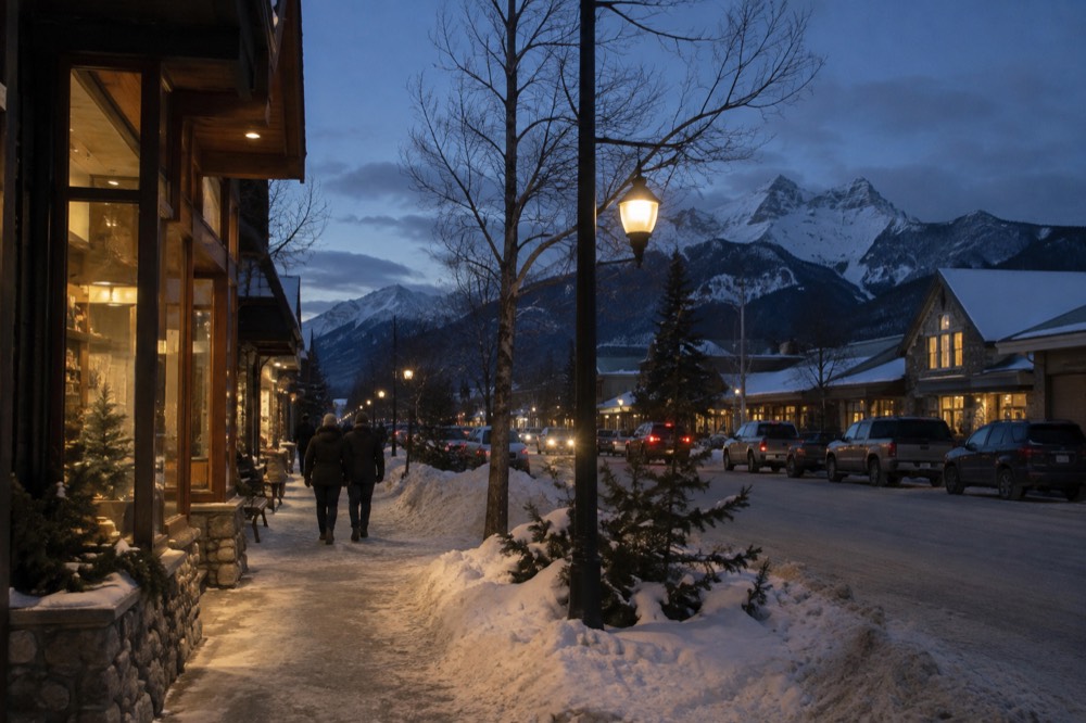 A winter mountain town street at dusk with snow on the roofs and lit shopfronts