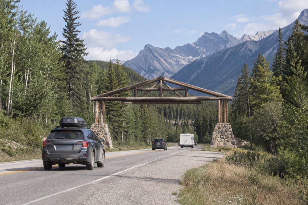A park entrance gate with a sign and forested mountains behind it