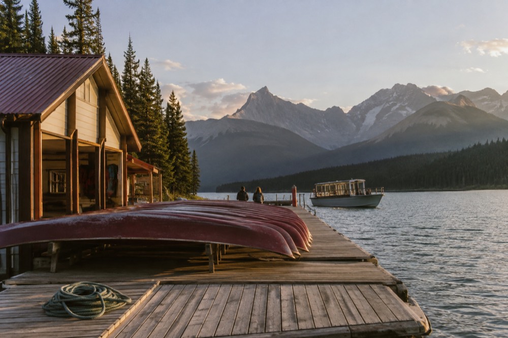 A wooden boathouse at the edge of a long blue lake with mountains behind