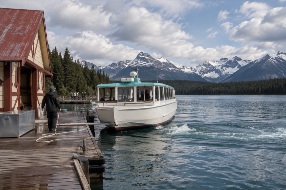A tour boat leaving a dock on blue water under a partly cloudy sky
